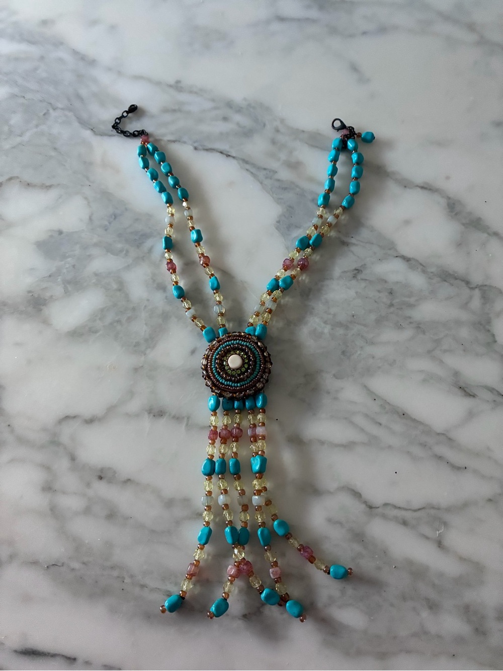 Turquoise Beaded Tassel Necklace with Central Medallion - Unbranded